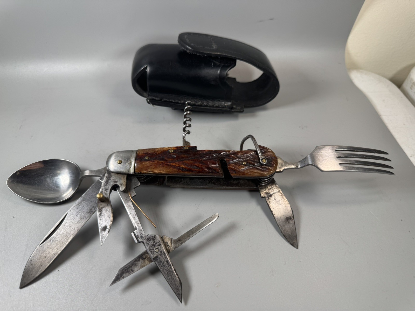 VTG Camping Multi Tool Europe Knife w Spoon Fork Scissors Corkscrew Leather Case