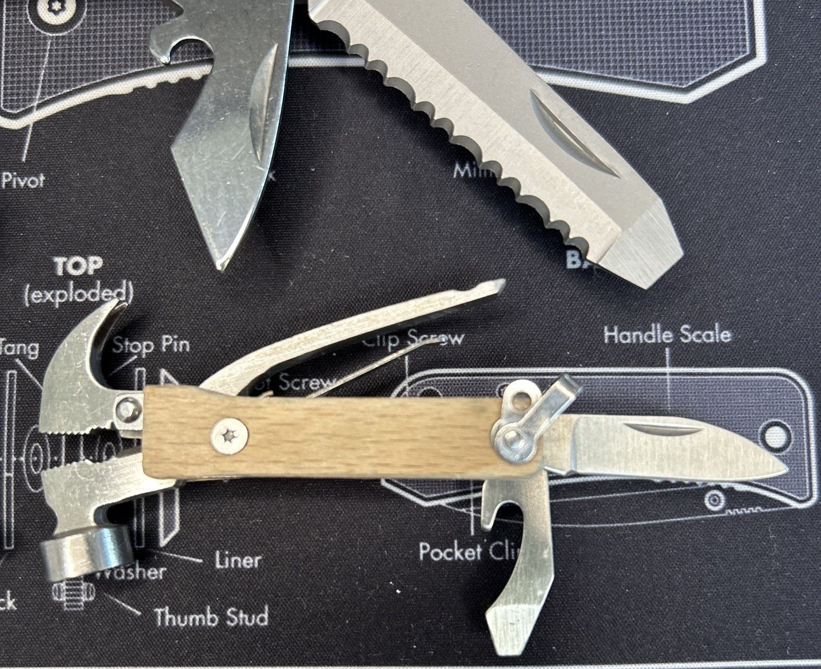 Lot of 3 Wood Handle Hammer Folding Compact Multi Tools Knife Saw & More VGUC