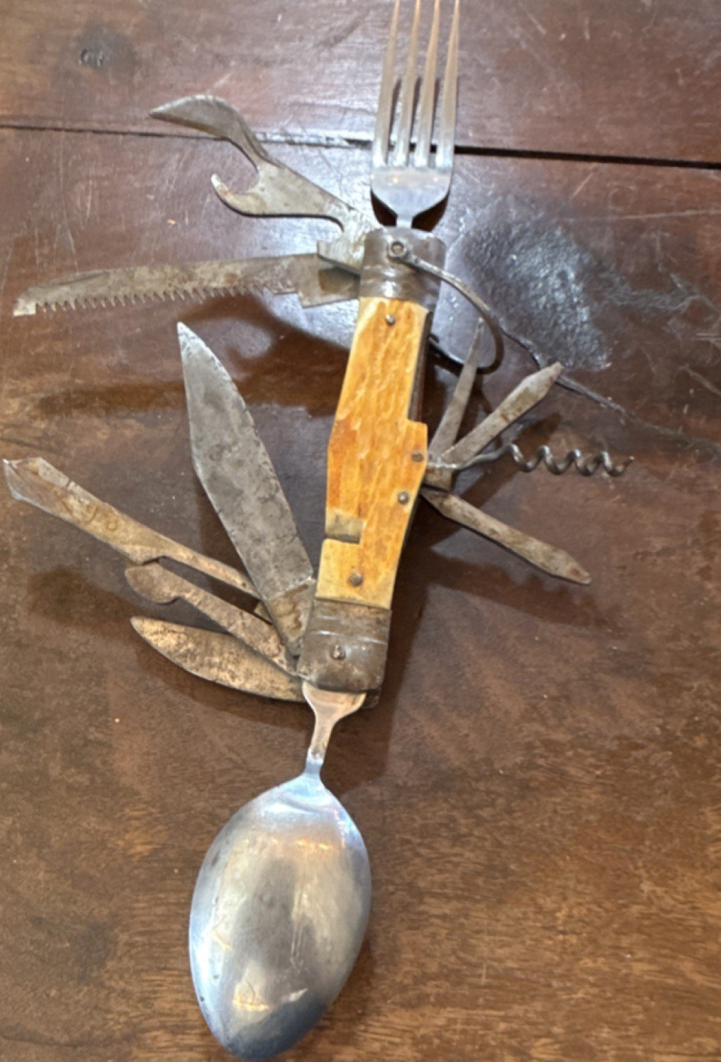 Vintage Camping Multi-Tool Utensil Set Steel Wood Knife Fork Spoon Scissors