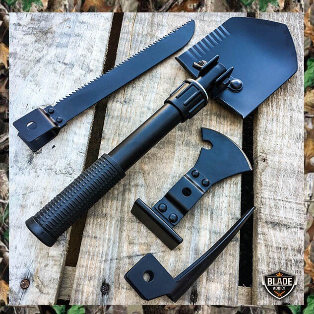 BLACK 5 in 1 Multi Purpose Camping Emergency Tool – Shovel Saw Axe Pick Compass