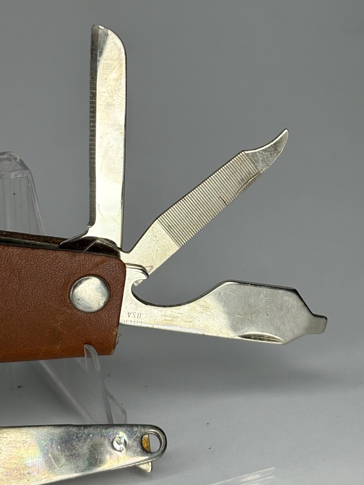 VTG LEATHER WRAPPED POCKET KNIFE MULTI-TOOL BLADES KEYCHAIN – Advertising