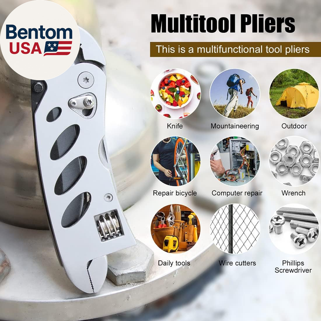 Multitool Wrench with 7 Tools/Pliers/Wire Cutter/Flat Screwdriver/Phillips Screw