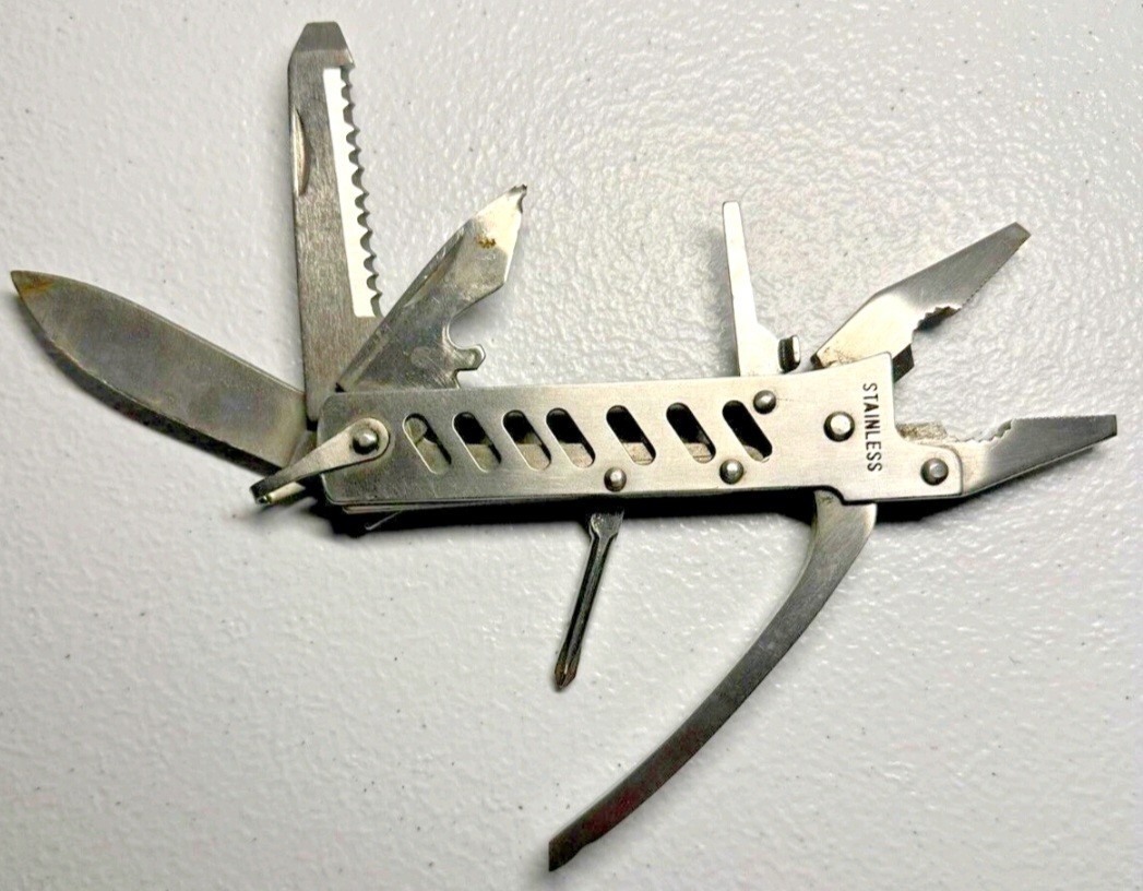 Vintage 8 in 1 Stainless Steel Folding Multi Tool Pliers Knife Saw Used