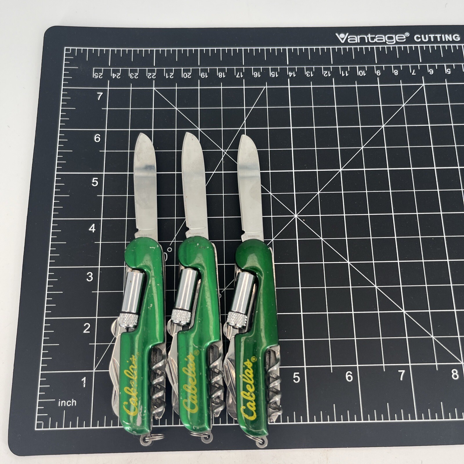 LOT OF 3 Cabella’s Green Multi Tool 8-in-1 Pocket Knife – SAVE BIG!