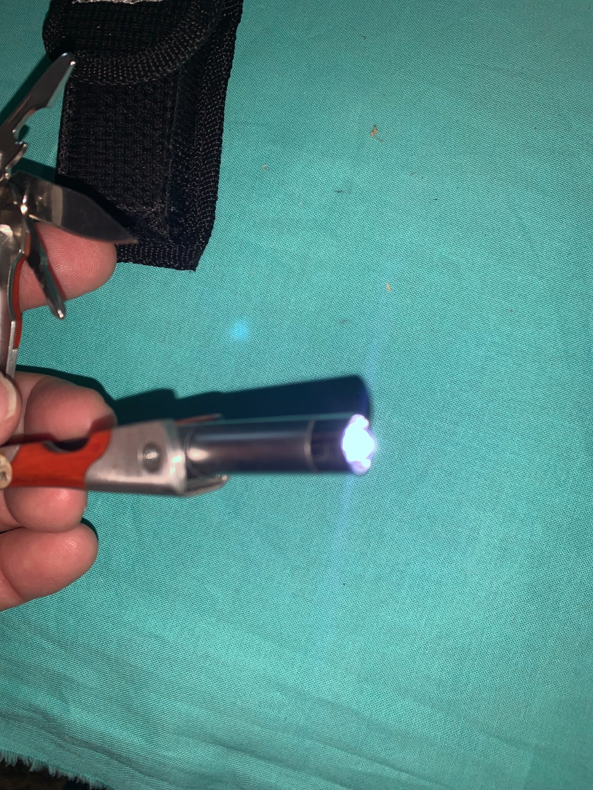 Eddie Bauer Silver &Woodgrain Multi Tool & Black Sheath Multi Bit & flashlite 2”