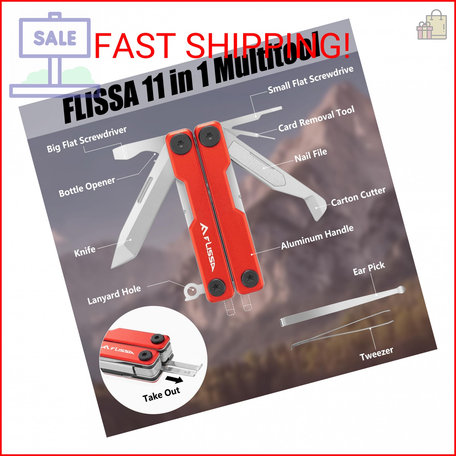 FLISSA Multitool Scissors, 11-in-1 Multi Tool Pocket Knife, Stainless Steel Mini