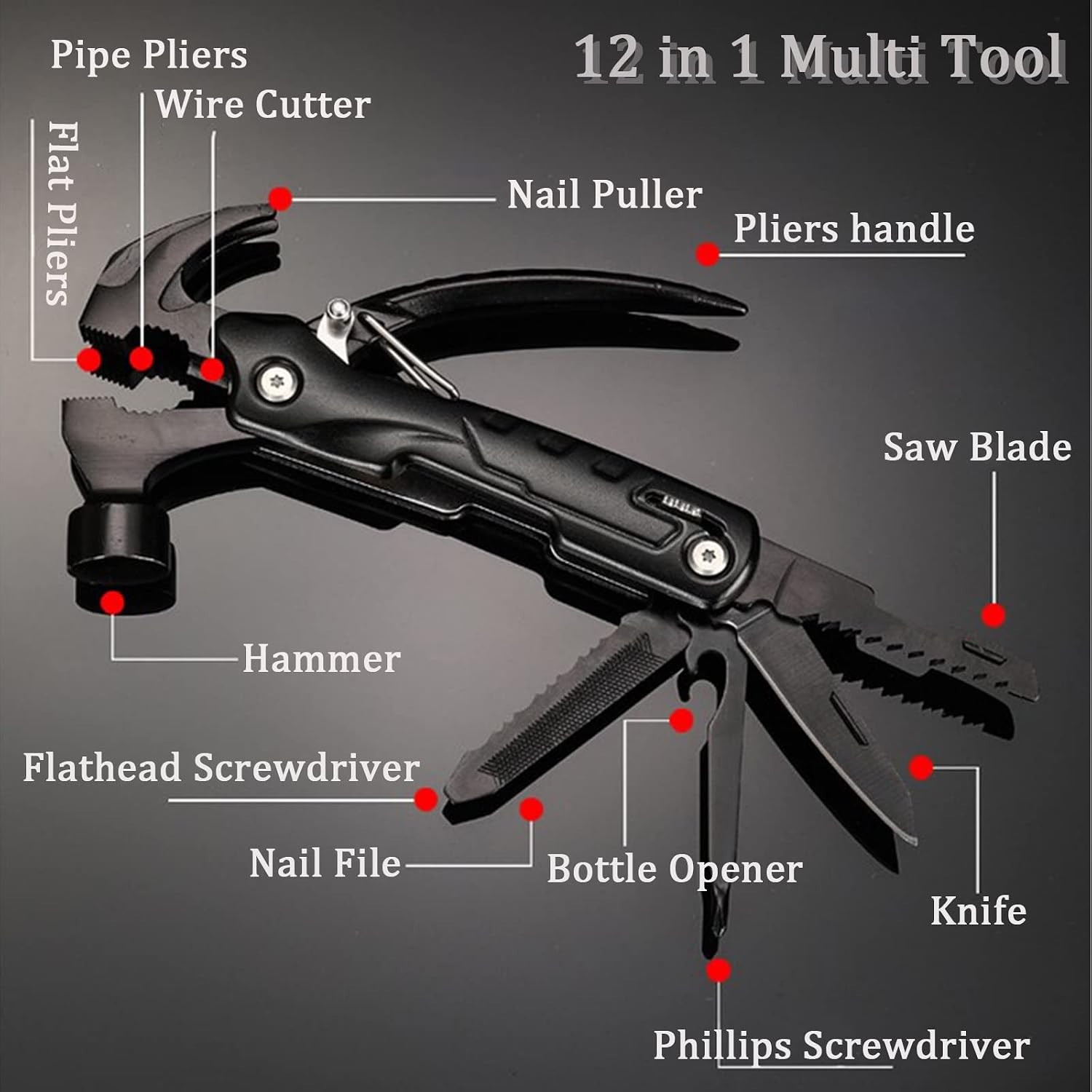 12 in1 Multi-Tool Mini Hammer Outdoor Camping Gear Survival Tool Gift for Men