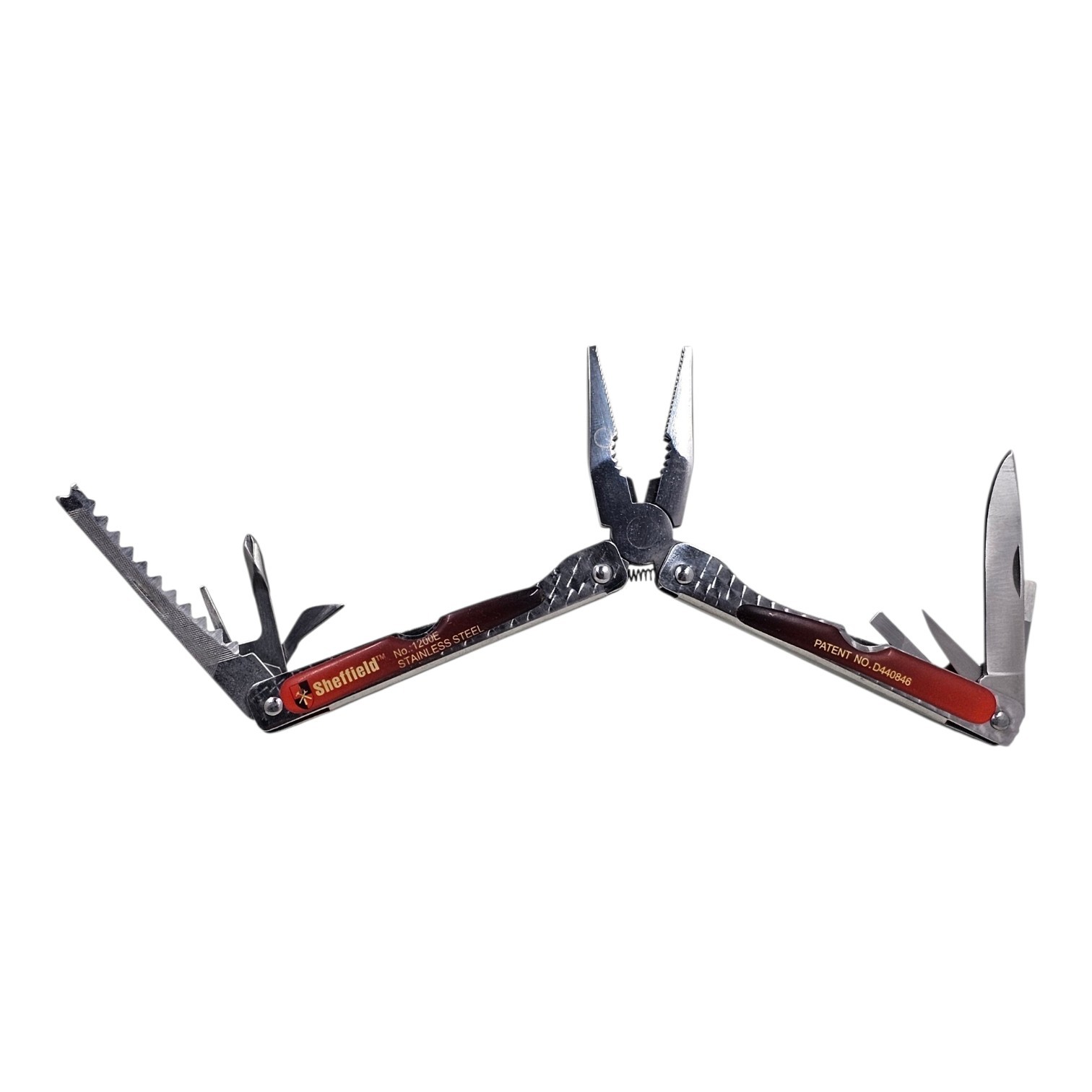 Sheffield No 1200E Stainless Steel Multi Tool Pliers Saw Knife Red Handle 4in