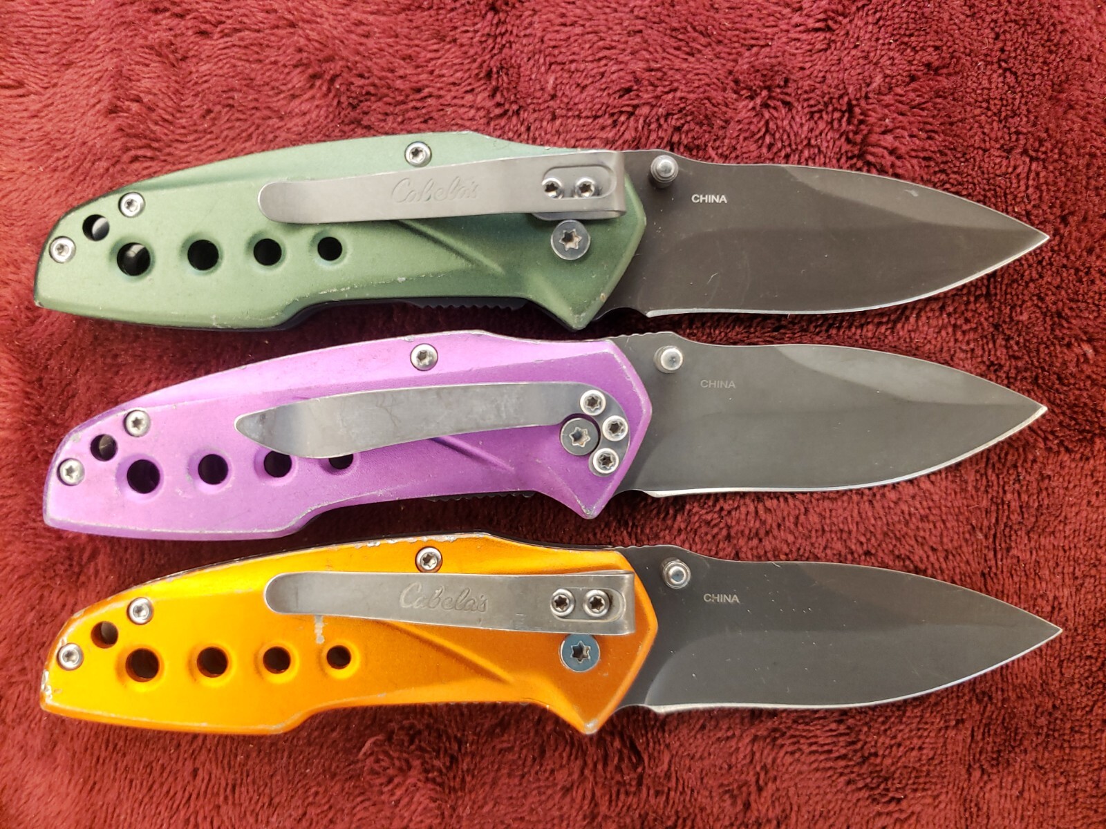 Lot 3 Cabela’s Plain Edge Liner Lock Aluminum Scale Folding Green Purple Orange