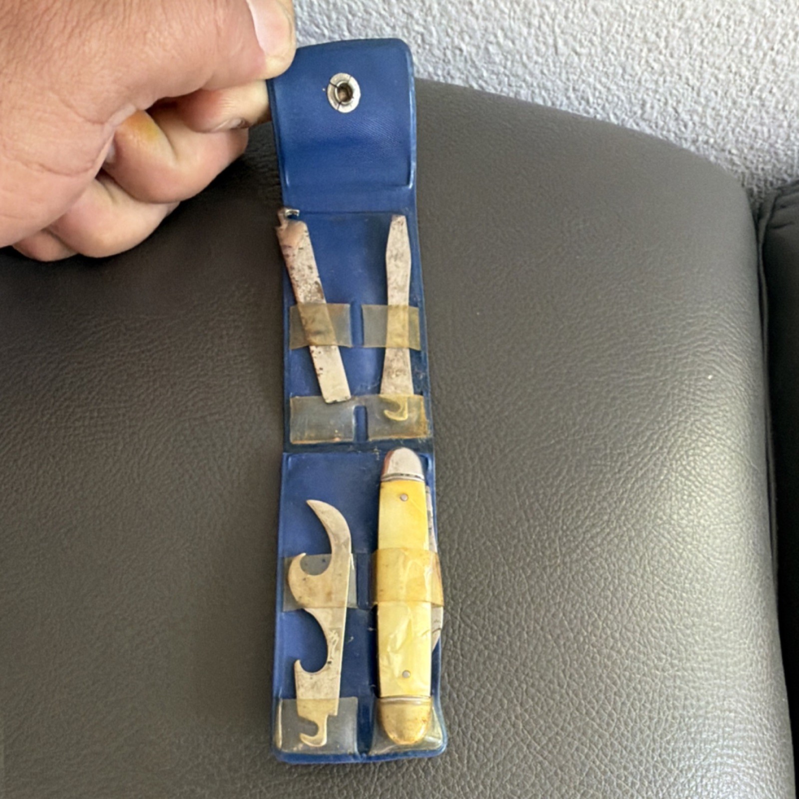 Blue Multi-Tool Set, 4 Tools, Knife, Bottle Opener, Can Opener, File, Metal