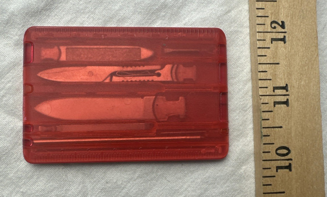 Vintage Brookstone Credit Card Size Multi Tool Knife Scissors File Tweezers Red
