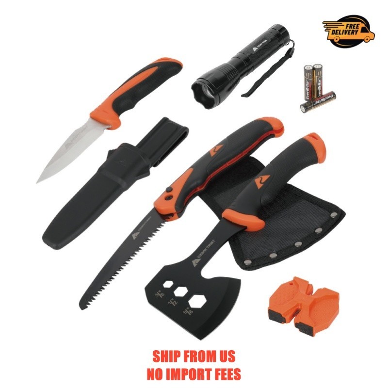 Ozark Trail 7-Piece Camping Multitool Set with Hammer, Axe, Flashlight, and Kniv