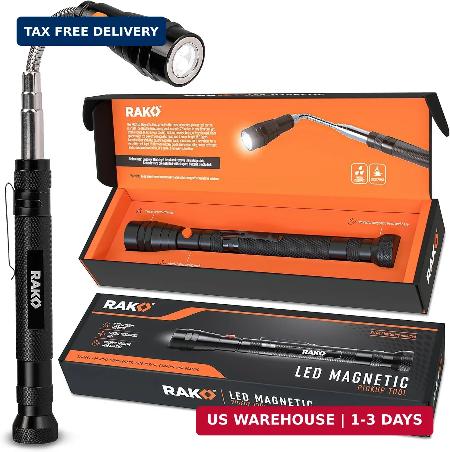 RAK Magnetic Pickup Tool Gifts for Men – Telescoping Magnet with LED Flashlight