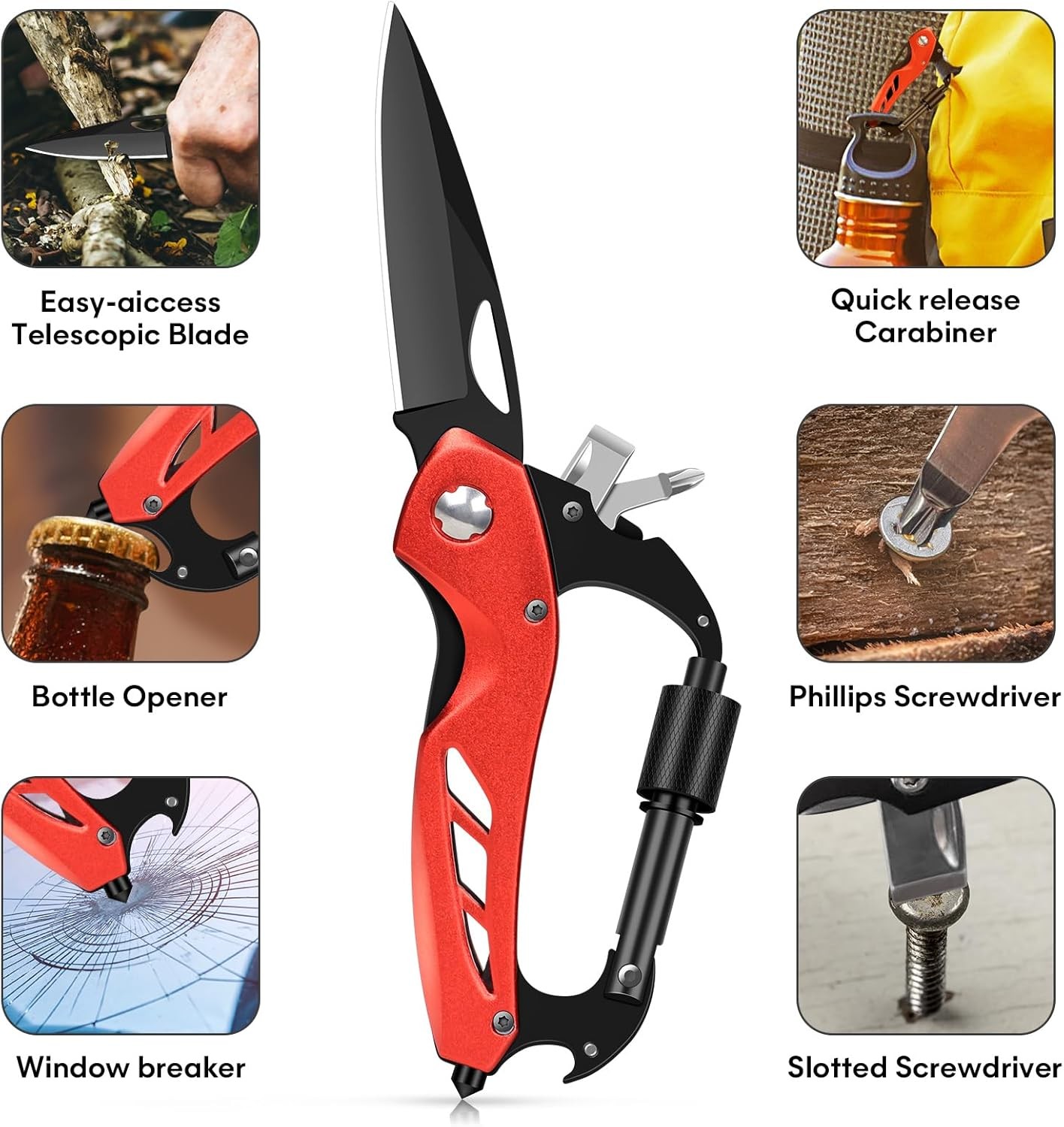 Multitool Carabiner w/ Pocket Knife Bottle Opener Survival EDC Keychain