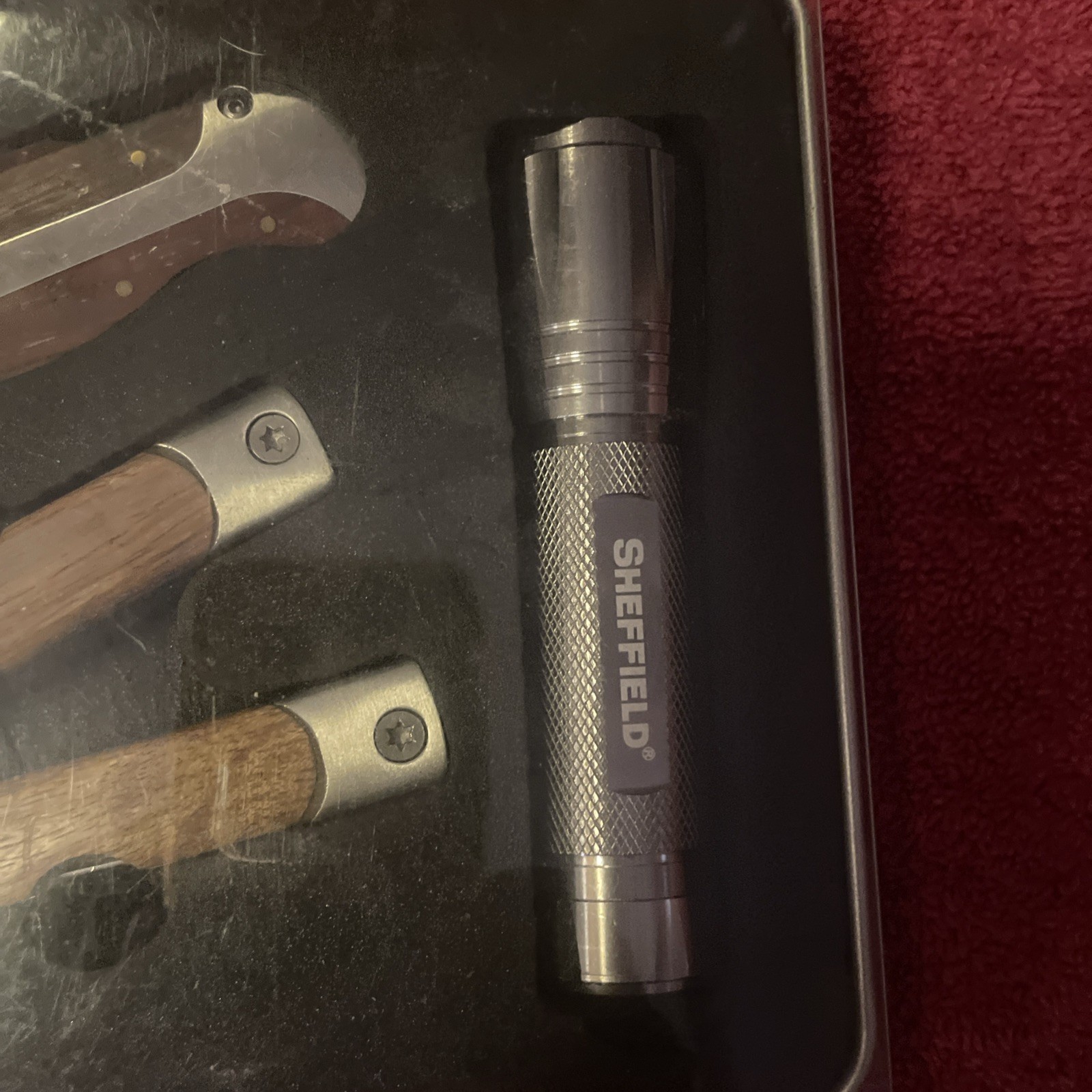 NEW Sheffield 3 Pc Tool Set With Tin Box Multi Tool Utility Knife Flashlight