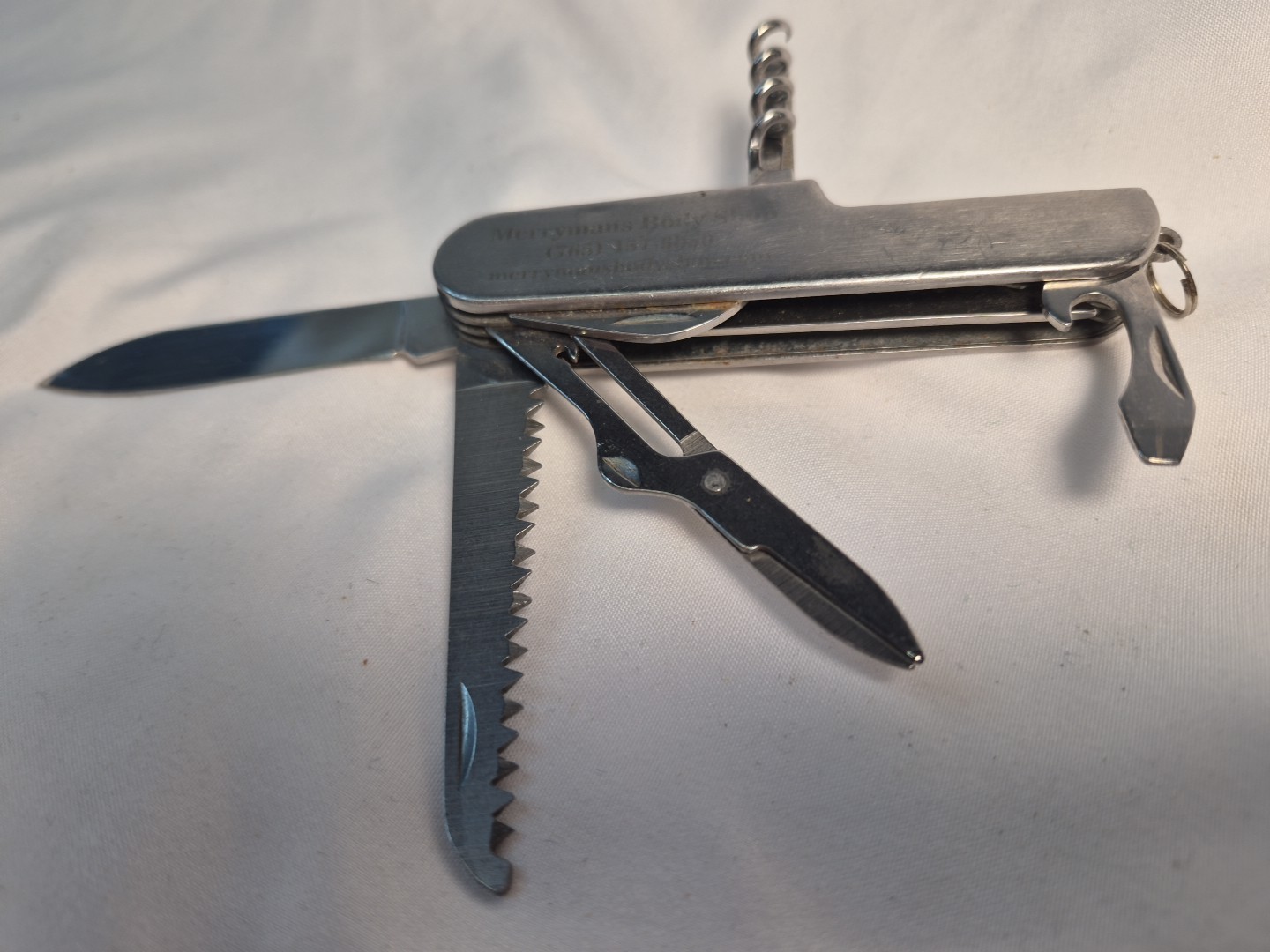 10 MULTI TOOL Silver VTG MERRYMANS Pocket Advertising Knife Army Camp Survival