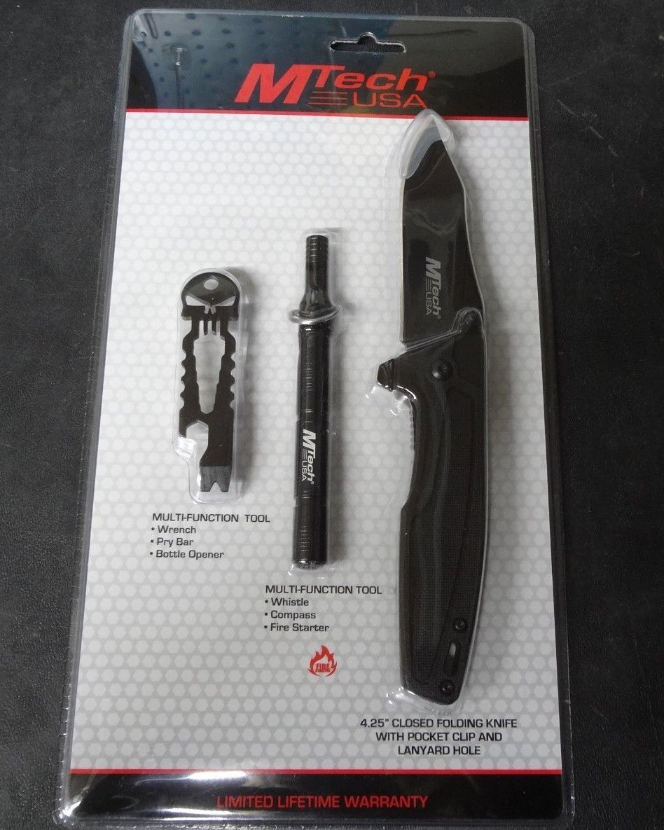 MTECH Multi Tool Kit Fire Starter 3″ Pocket Knife Whistle Survival Stocking