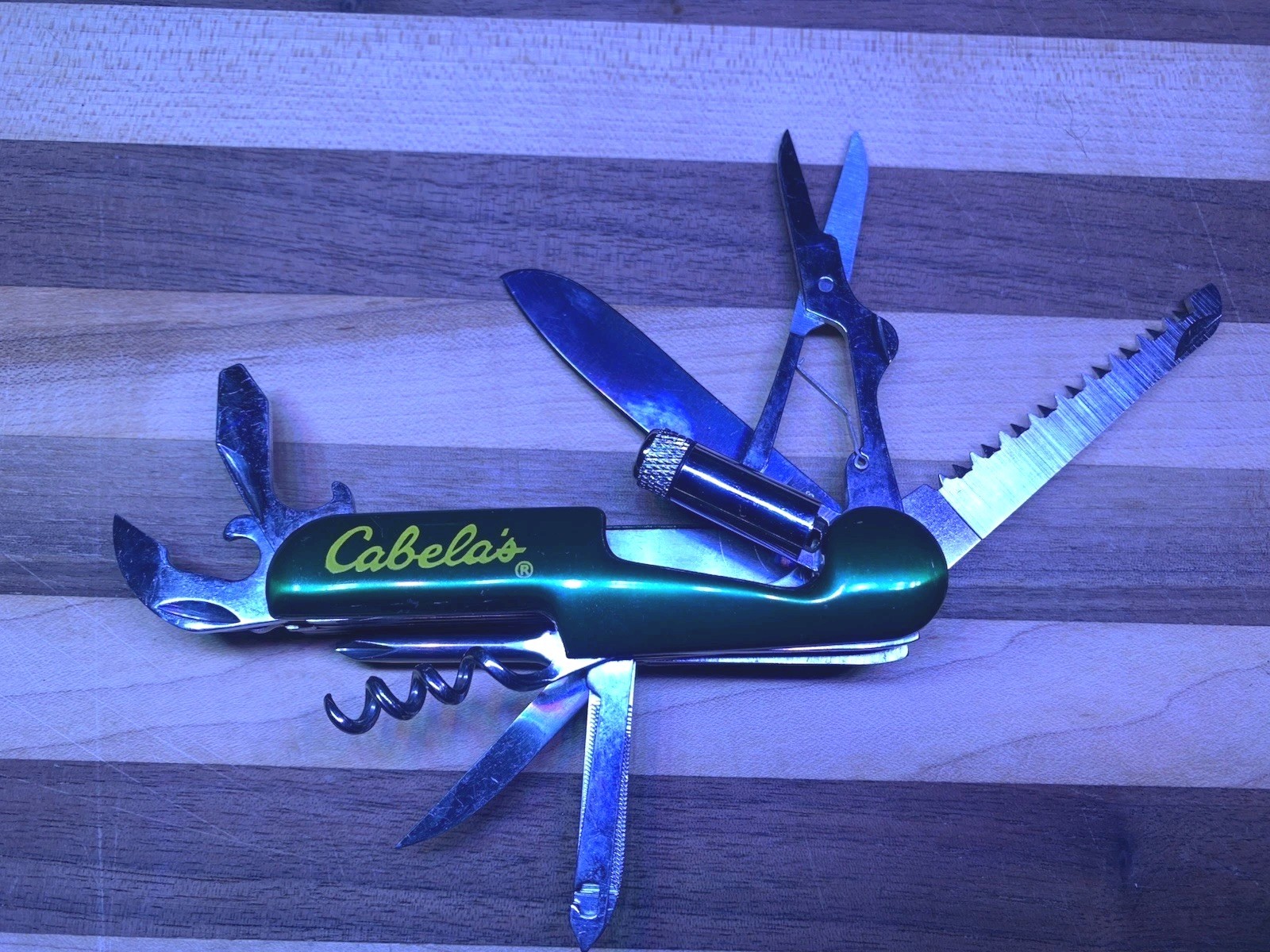 Lot 2 Cabelas Yellow & Green Multi-Tool Serrated Knife Many Functions