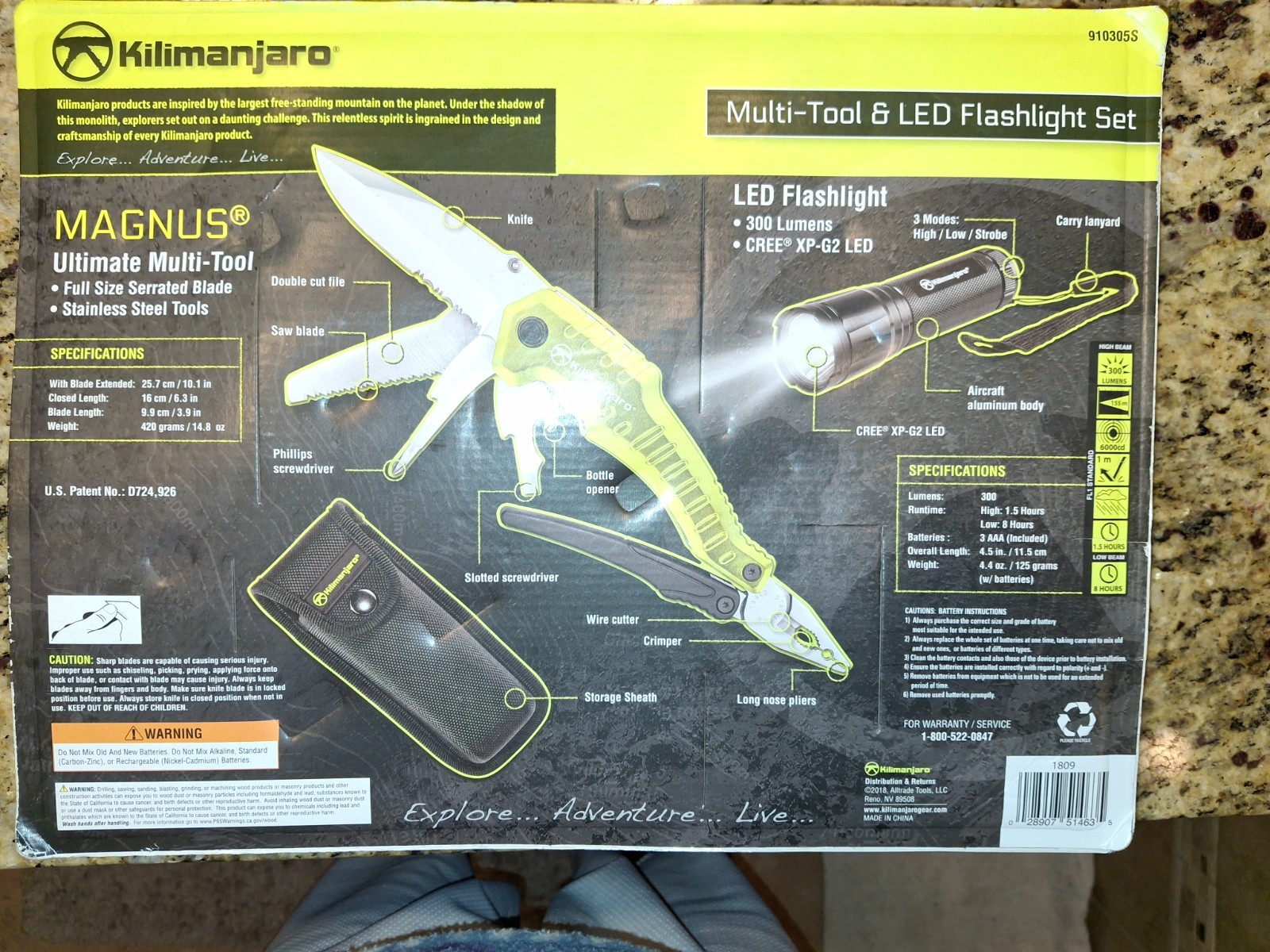 Kilimanjaro Magnus Multi Tool & 300 Lumen LED Flashlight Set w/ Sheath New