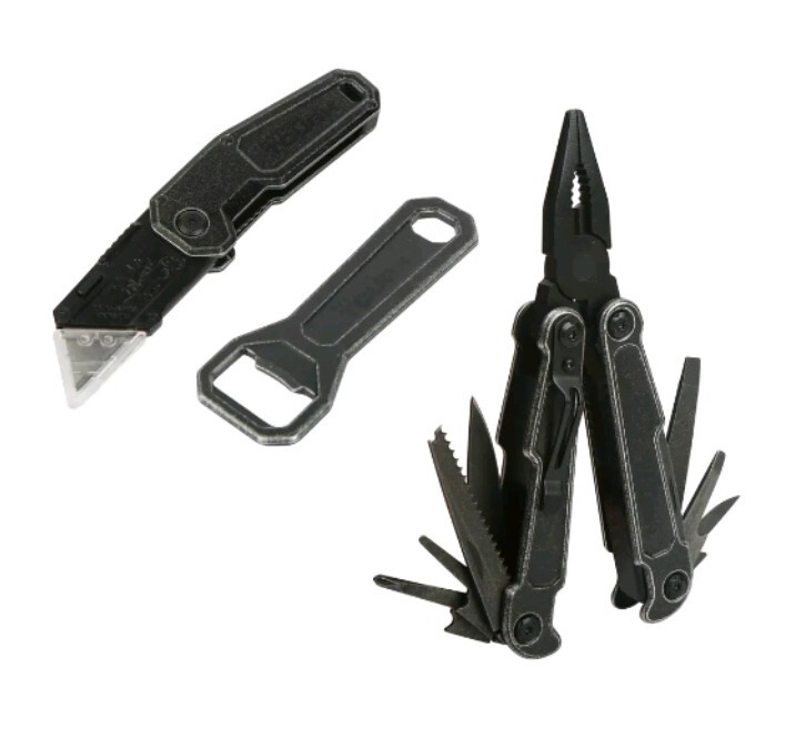 Multitool bundle w/ box knife & bottle opener. Black metal. Camping / Emergency