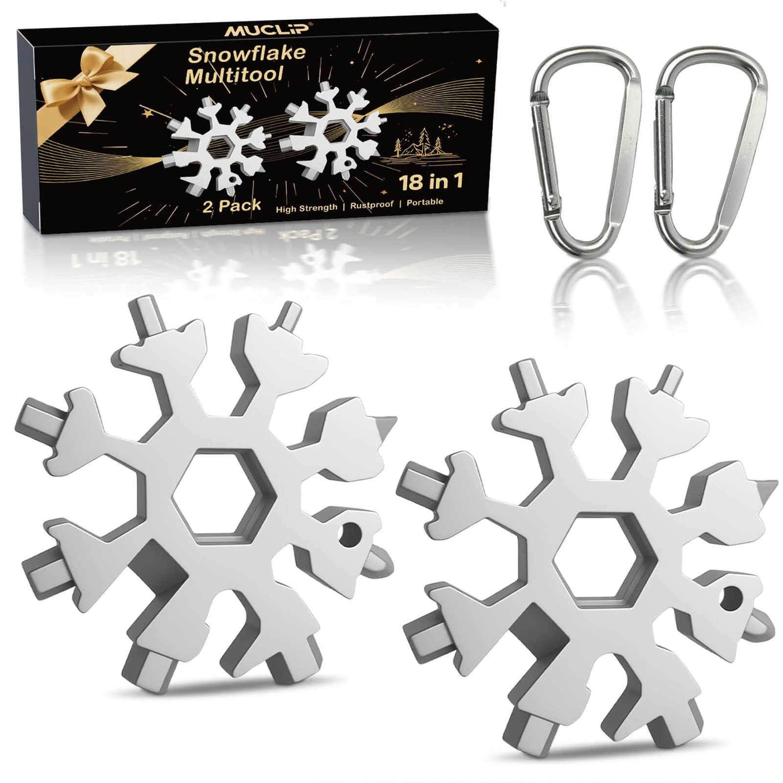 18-in-1 Snowflake Multi Tool with Keyring and Carabiner, Stainless Steel Pock…