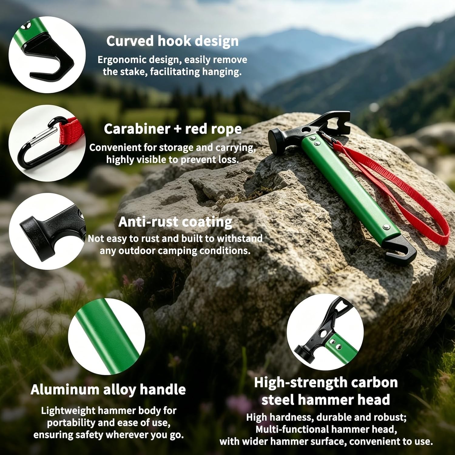 Three-in-One Tent Stake Hammer – Ergonomic Carbon Steel Design, 12″ Green