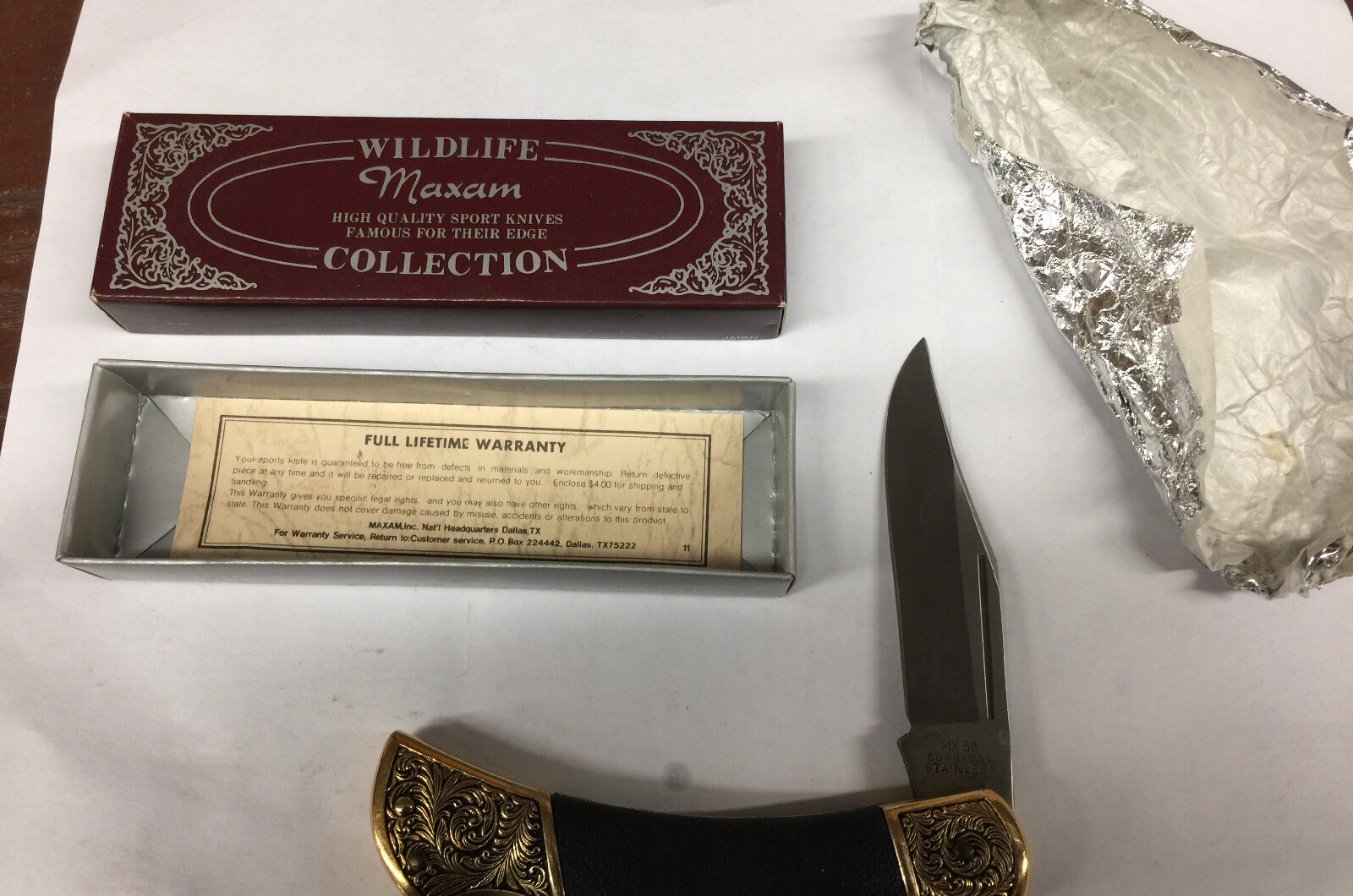 Maxam MX38 Lockback Knife Surgical Stainless Blade gold brass inlet handle Japn