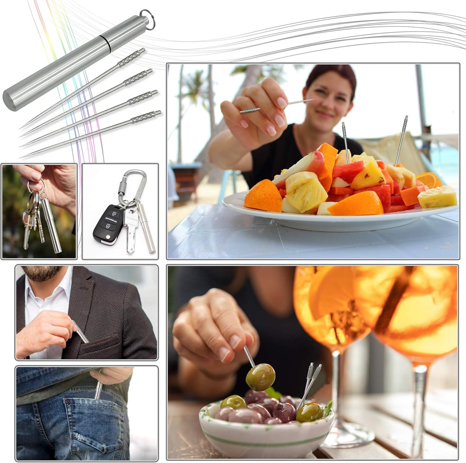 4 Pieces Titanium Toothpicks Set With Stainless Toothpick Holder for Keychain-Po