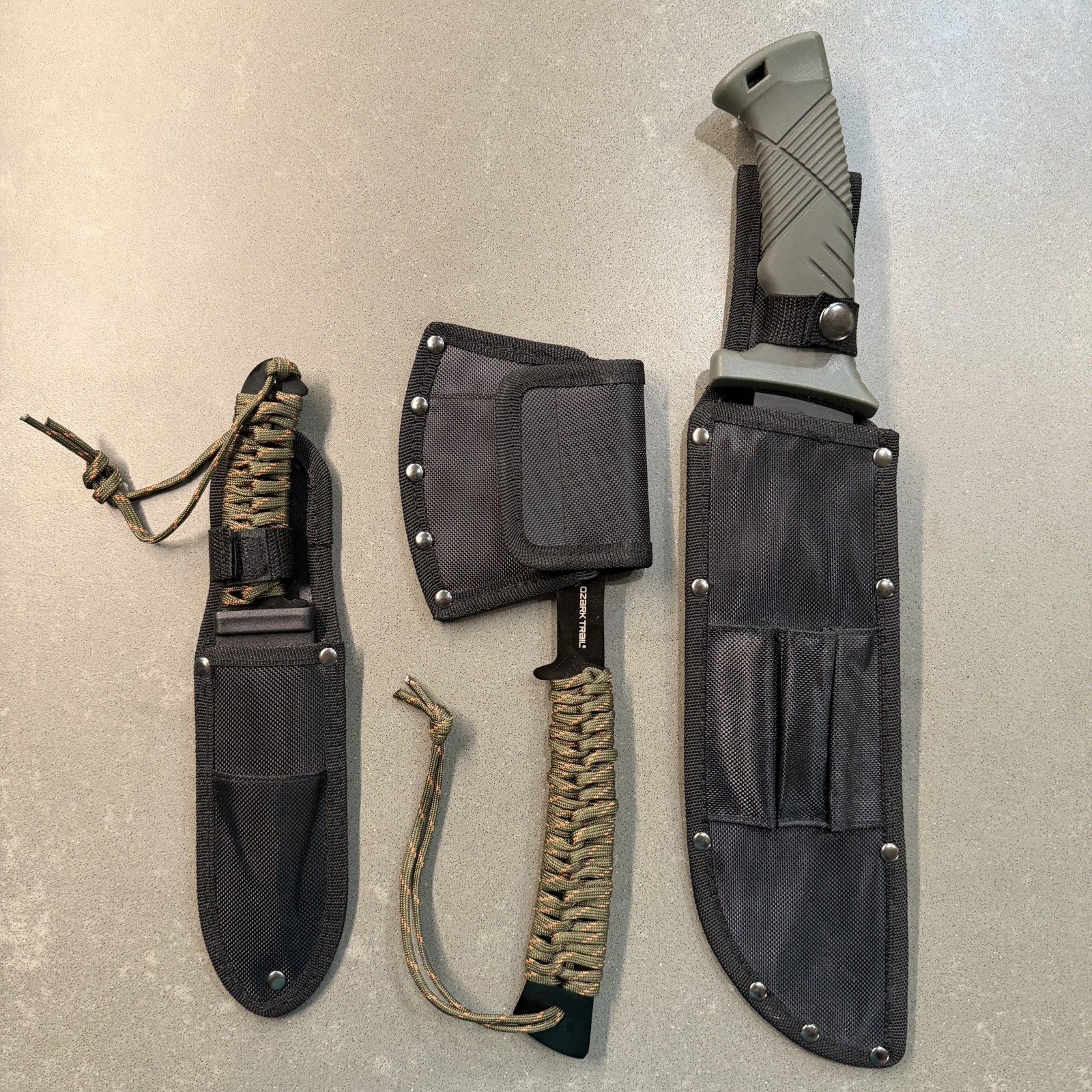 Ozark Trail 3 Pc Camping Knife Hatchet Machete Set w Sheaths Survival Kit