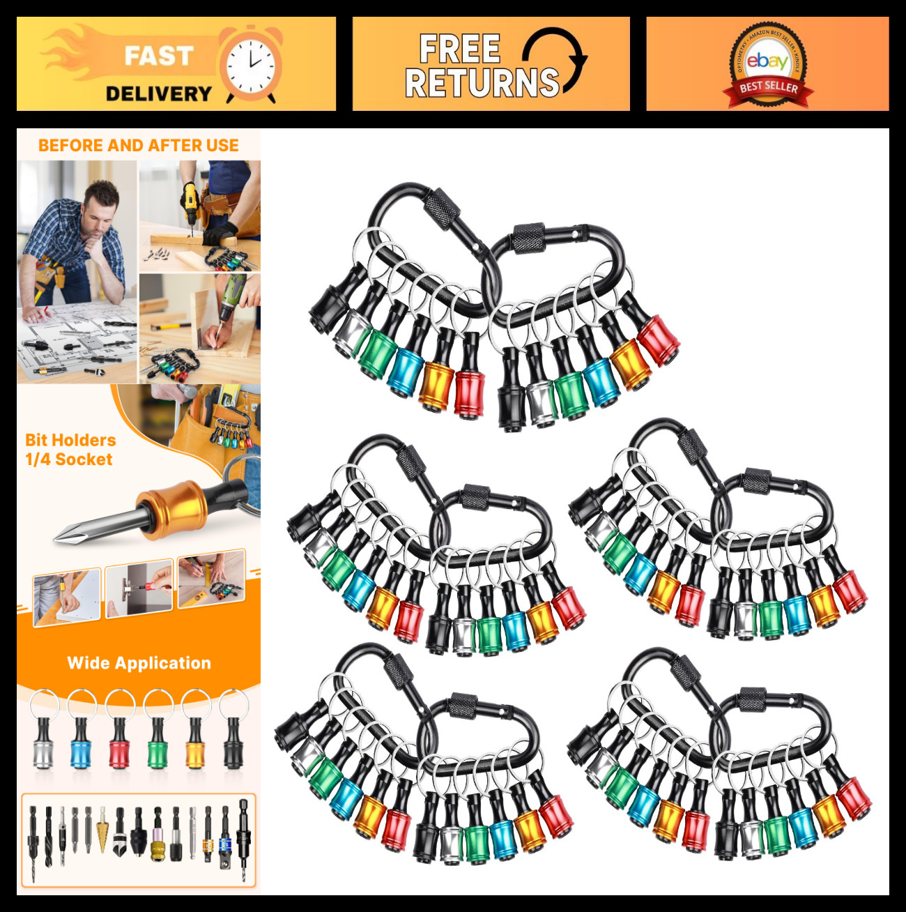 60PCS Keychain Bit Holder Set, 1/4″ Hex Drill & Screwdriver Bit Holders for Tool