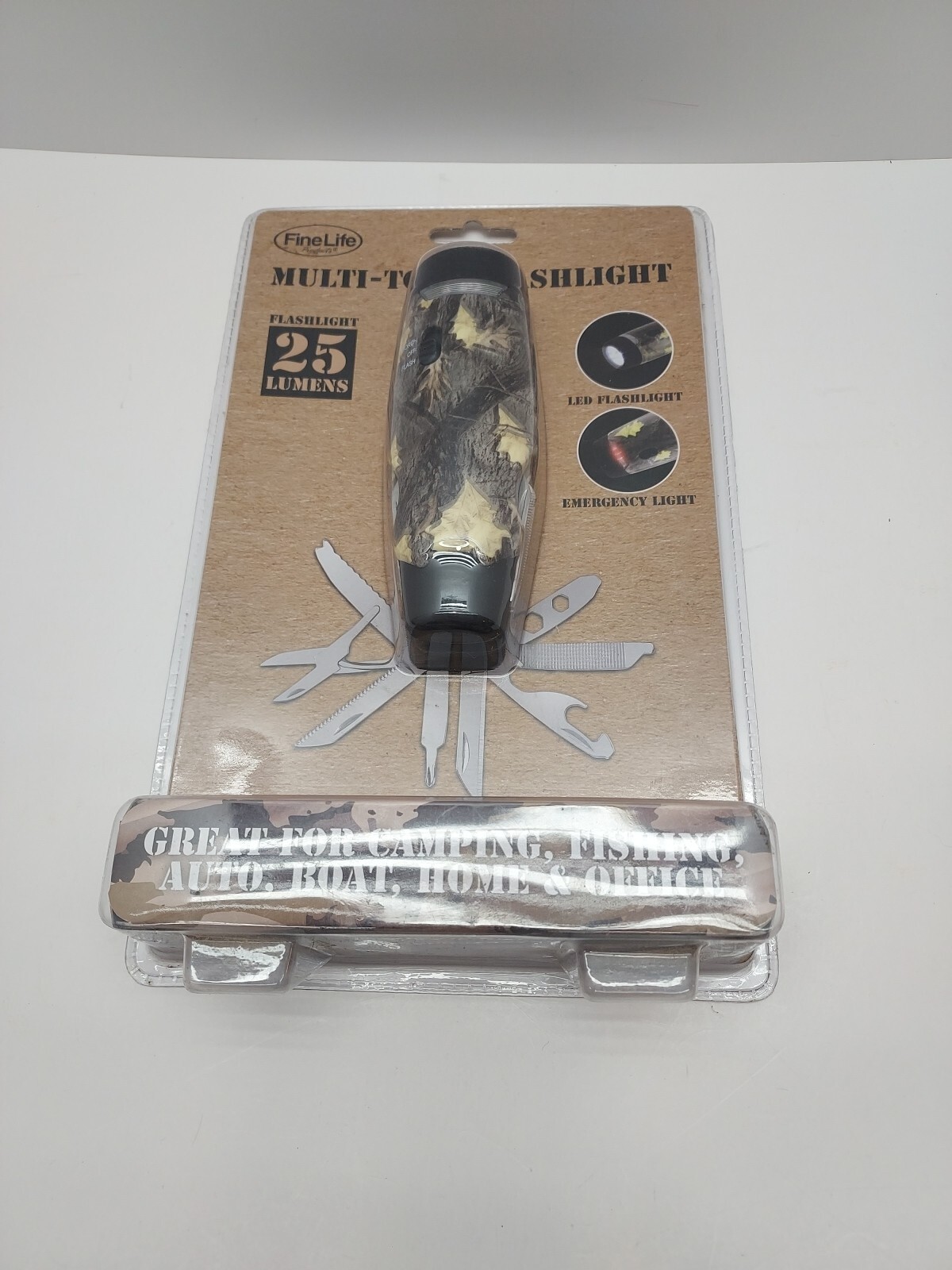 Fine Life Multi Tool Flashlight 25 Lumens Camo LED 13 Tools – Camping / Home Use