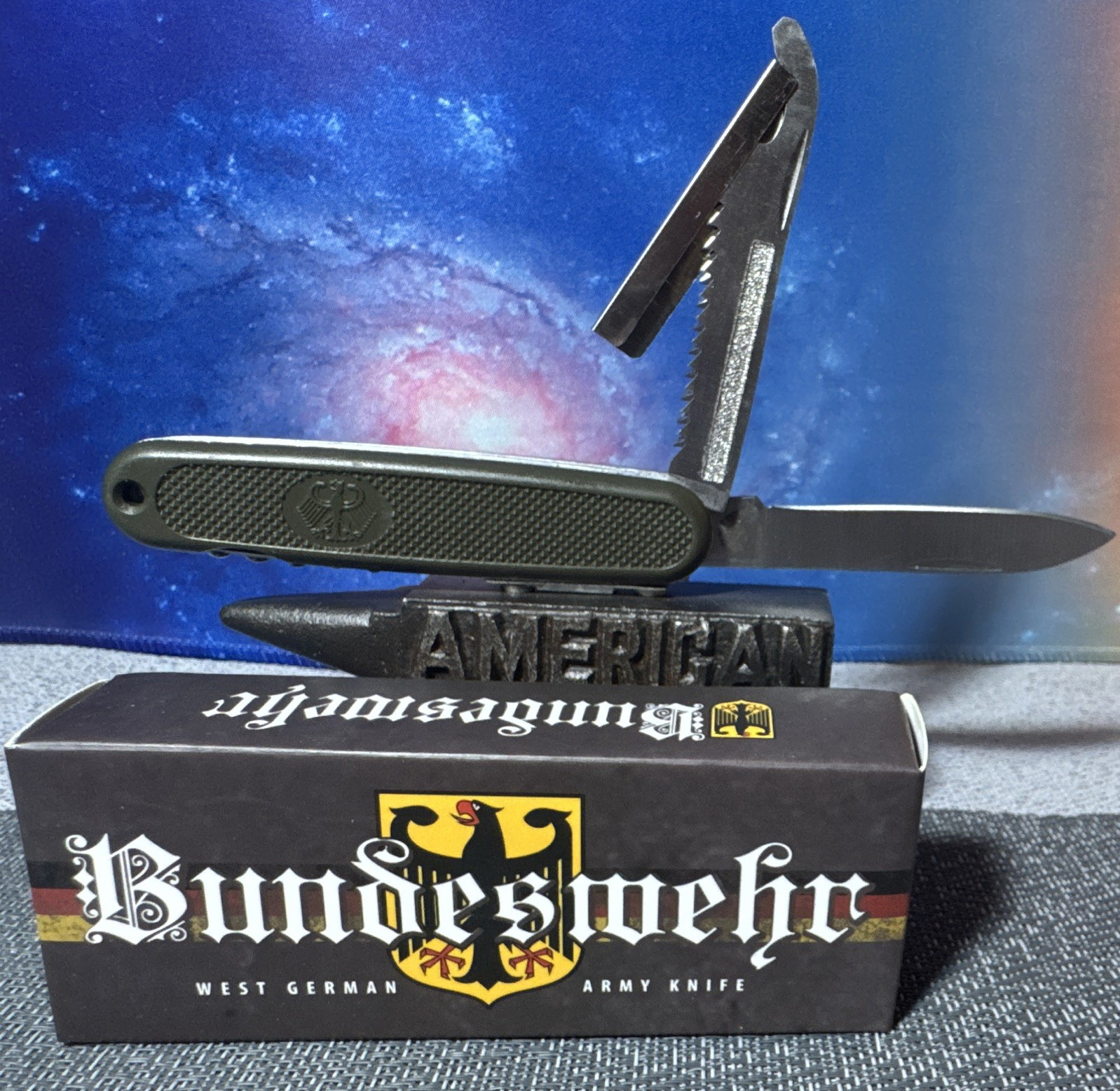 Bundeswehr MI212 Green Multi-Tool Knife 4 Tools Stainless 3in Blade Lanyard