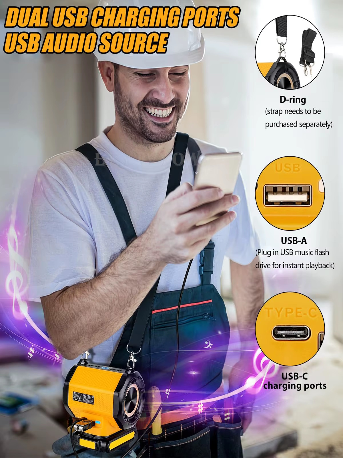 Bluetooth Speaker for Dewalt 20v 60v Battery With USB-A/C ports RGB Light 30W Co