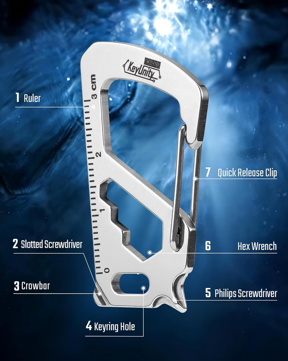 KS00S Carabiner Clip Multitool Stainless Steel 7 Tools in 1, Quick Release Clasp
