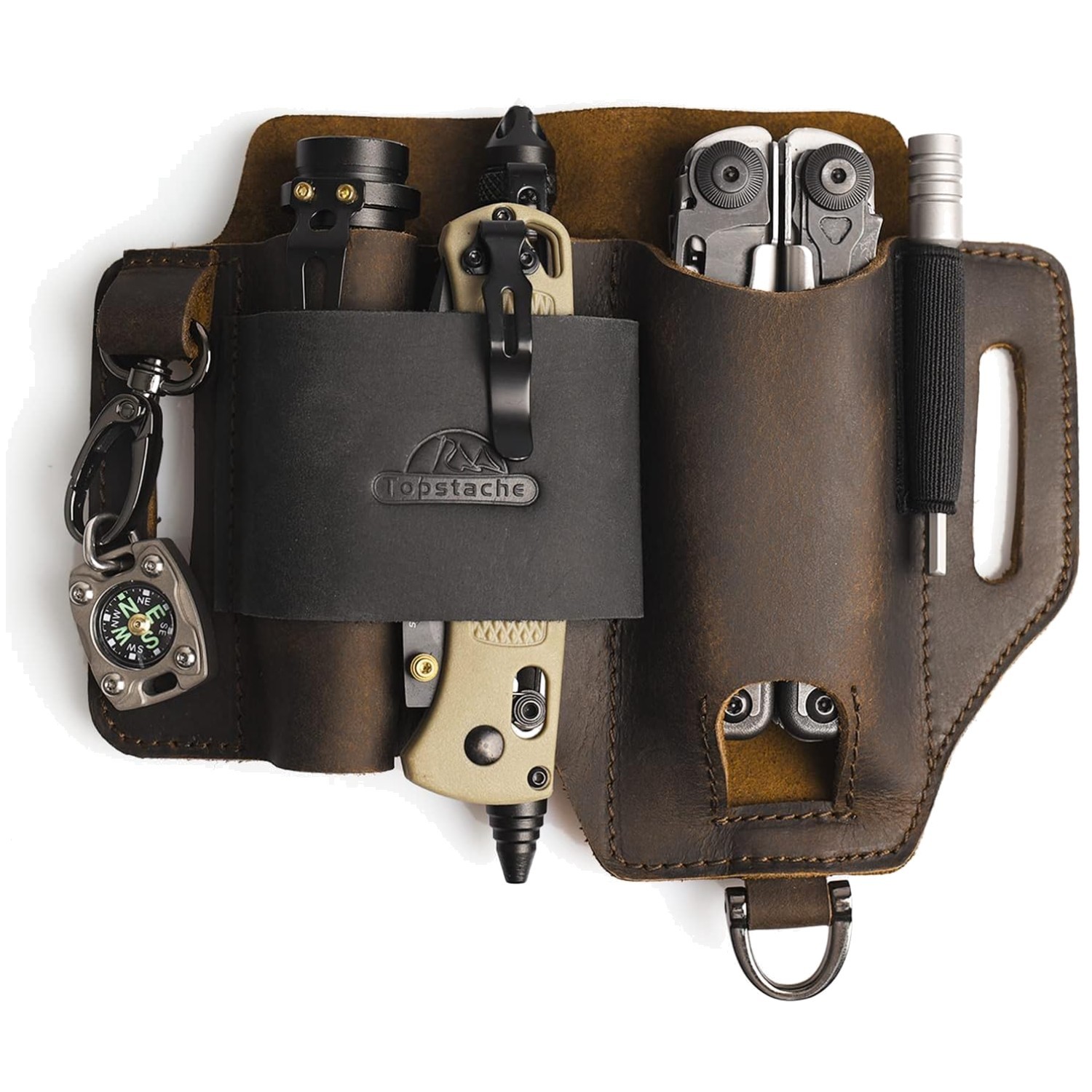 Leather Multitool Sheath – EDC Belt Organizer with 3 Pockets, Dark Brown