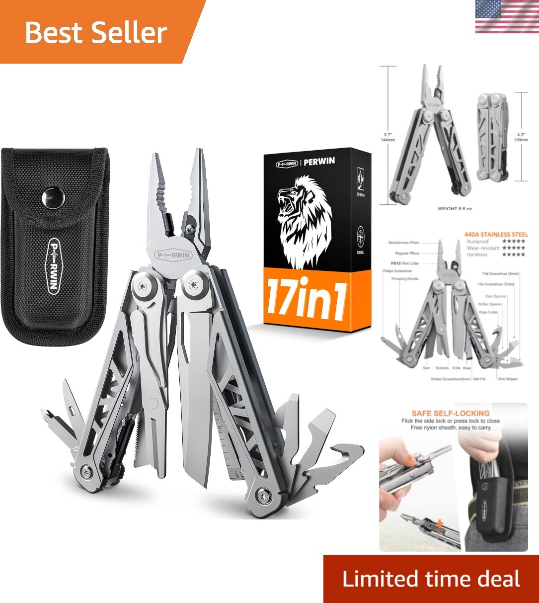 Multitool, 17-in-1 Stainless Steel Multi Tool Pliers with Self-Locking, Pocke…