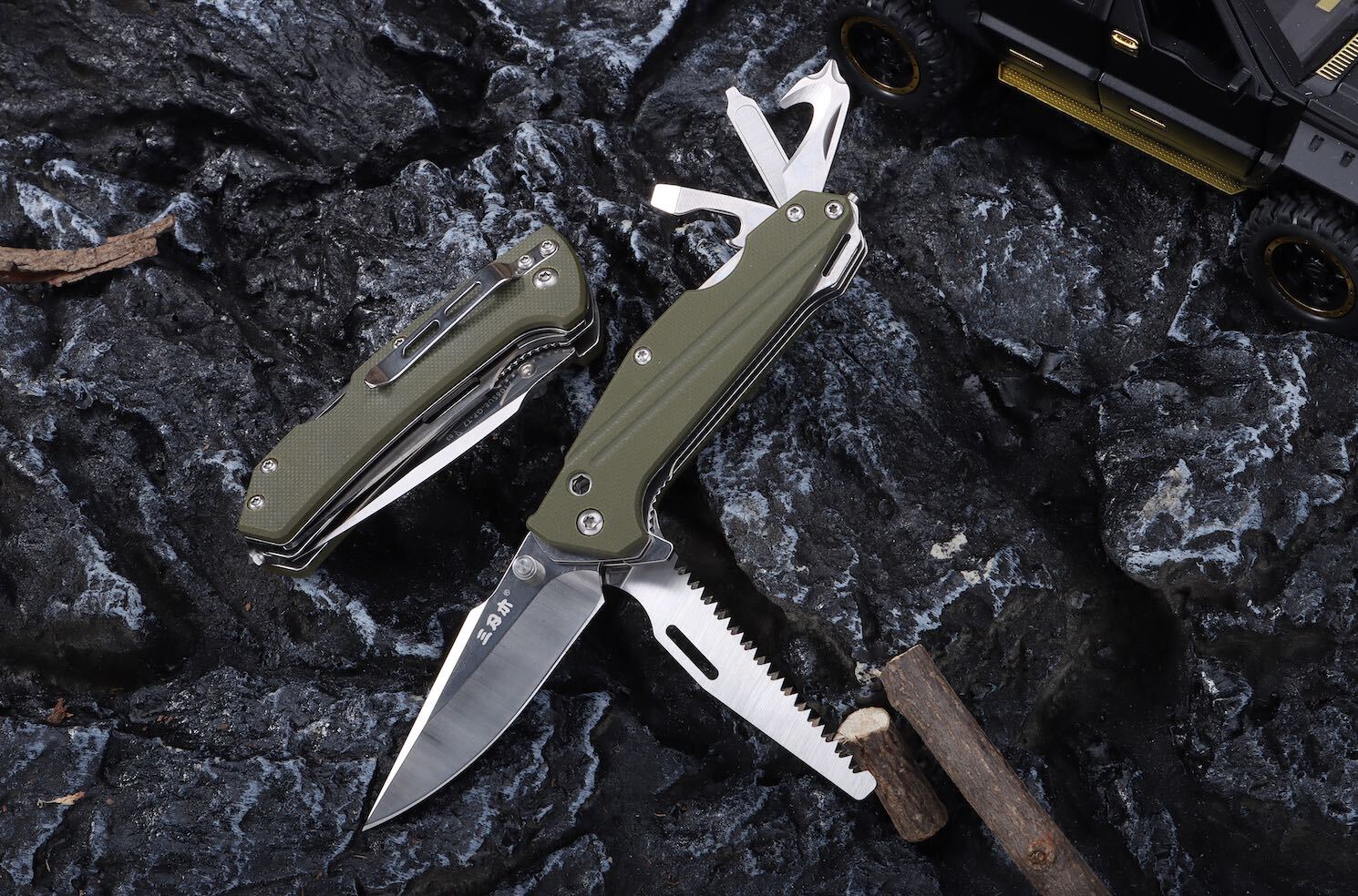 Sanrenmu 7106 Rettungsmesser Slipjoint 12C27 Stahl G10 grün Gurtschneider