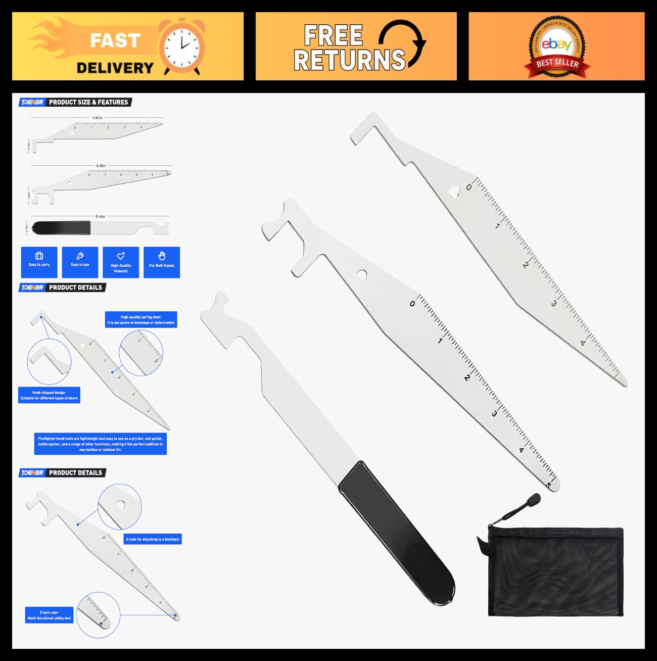 3Pcs Stainless Steel Firefighter Tool Set – Multi-Functional Hand Lever & Hooks