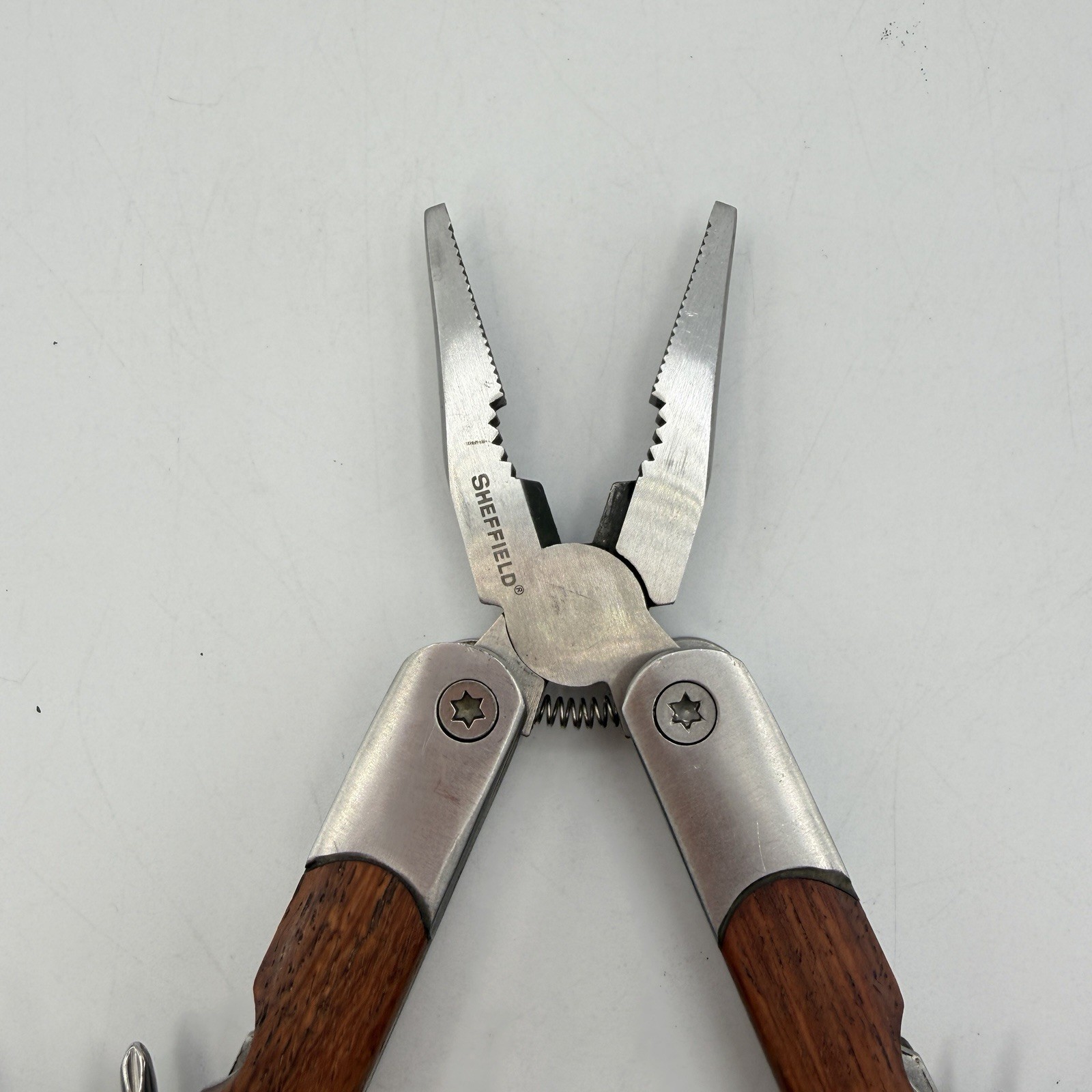 Sheffield 9 Multi-Tool Wood Handle Stainless-Steel Blade Pliers Saw Knife Opener