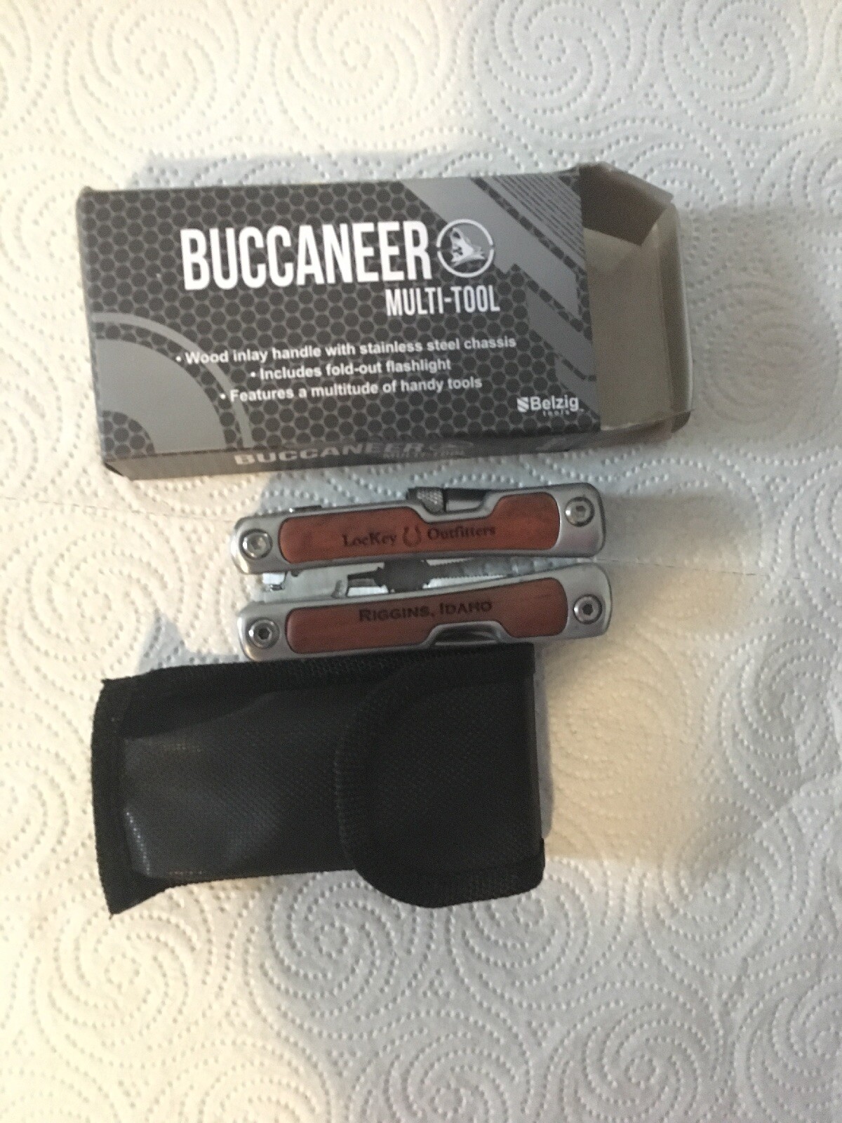 BELZIG Buccaneer Multi Tool w/ Flashlight Light +Black Pouch, Wood Inlay Handle