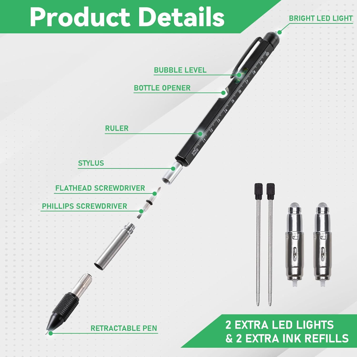 9-in-1 Multitool Pen with LED Light, Stylus, Level, Ruler, Bottle Opener