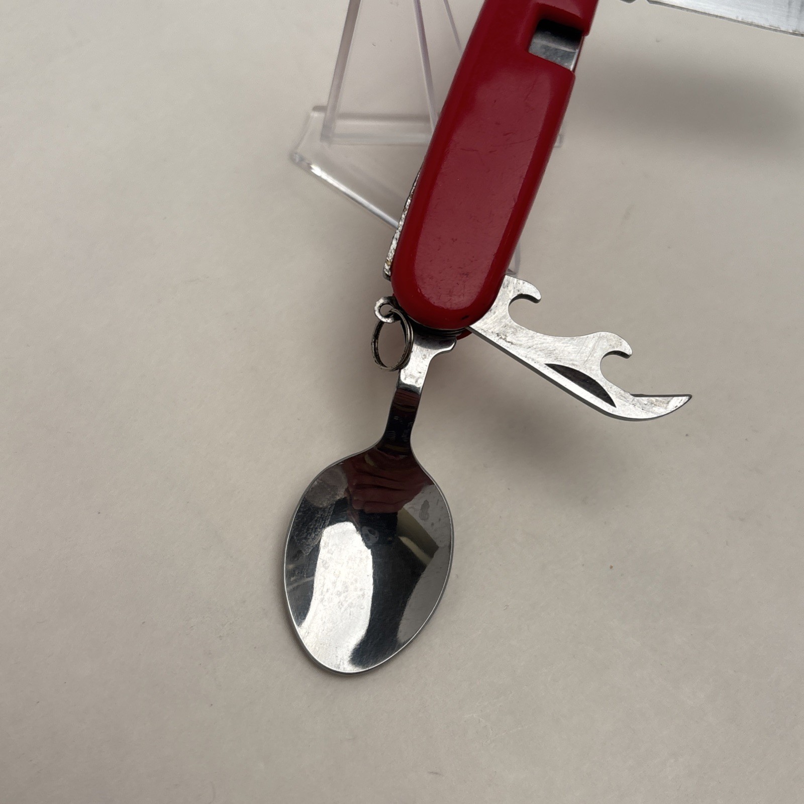 Vintage Red Camper 6 Tool Folding Knife Spoon Fork Can & Bottle Opener Hunt Camp
