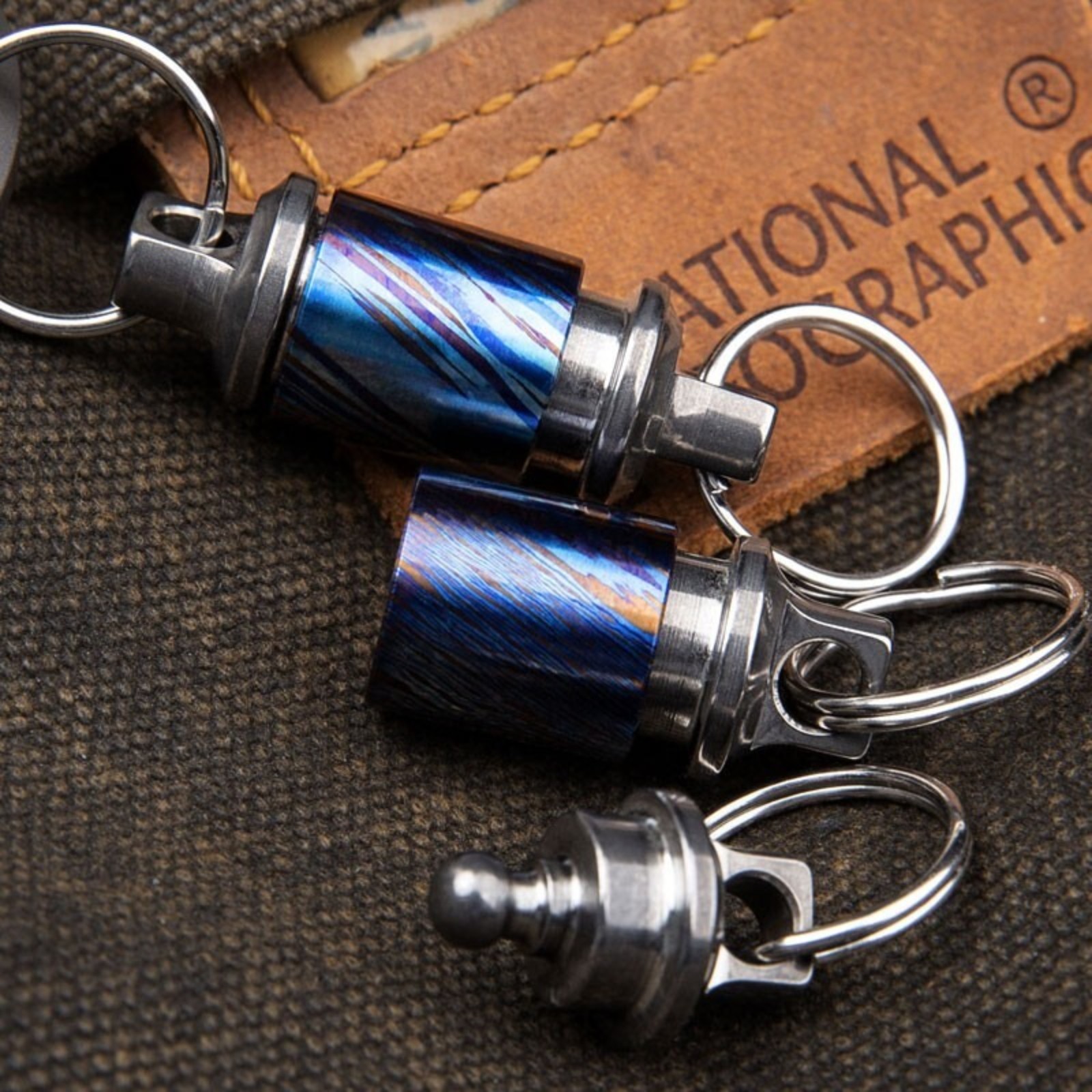 Titanium Timascus Insert Buckle Ring Portable Double Keychain Pendant EDC Tool