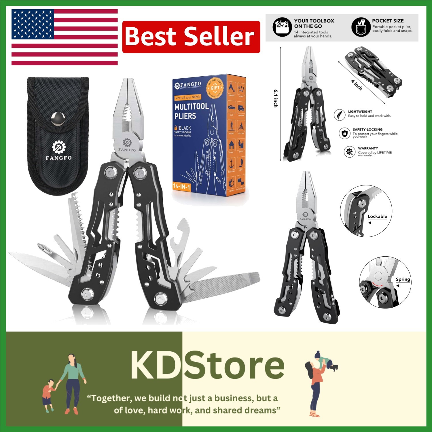 Versatile 14-in-1 Multitool with Safety Lock & Nylon Pouch for Camping & Hiking