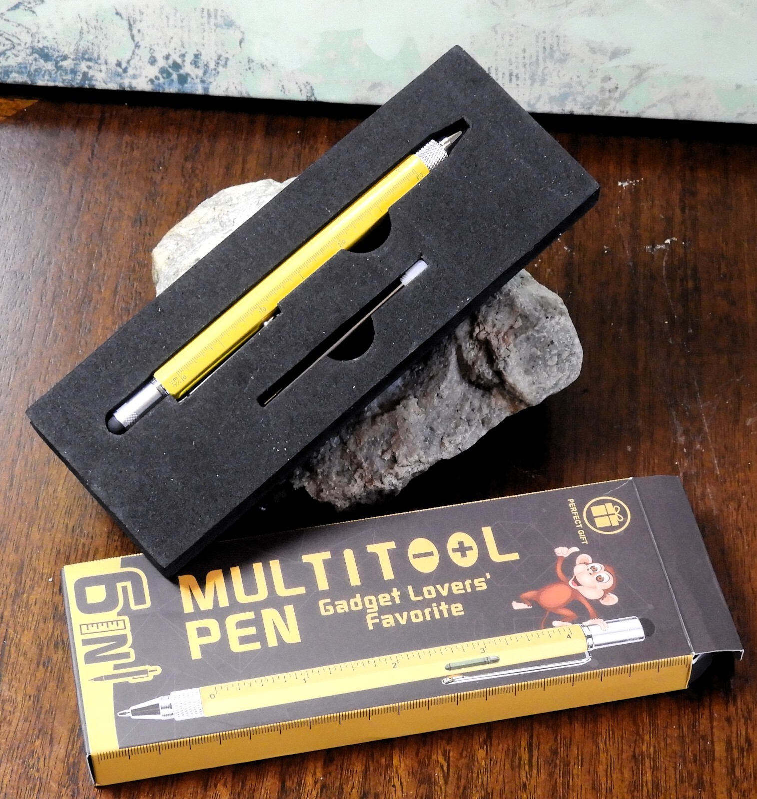 6 in 1 multitool pen monkey on the picture yellow pen ruler bubble level