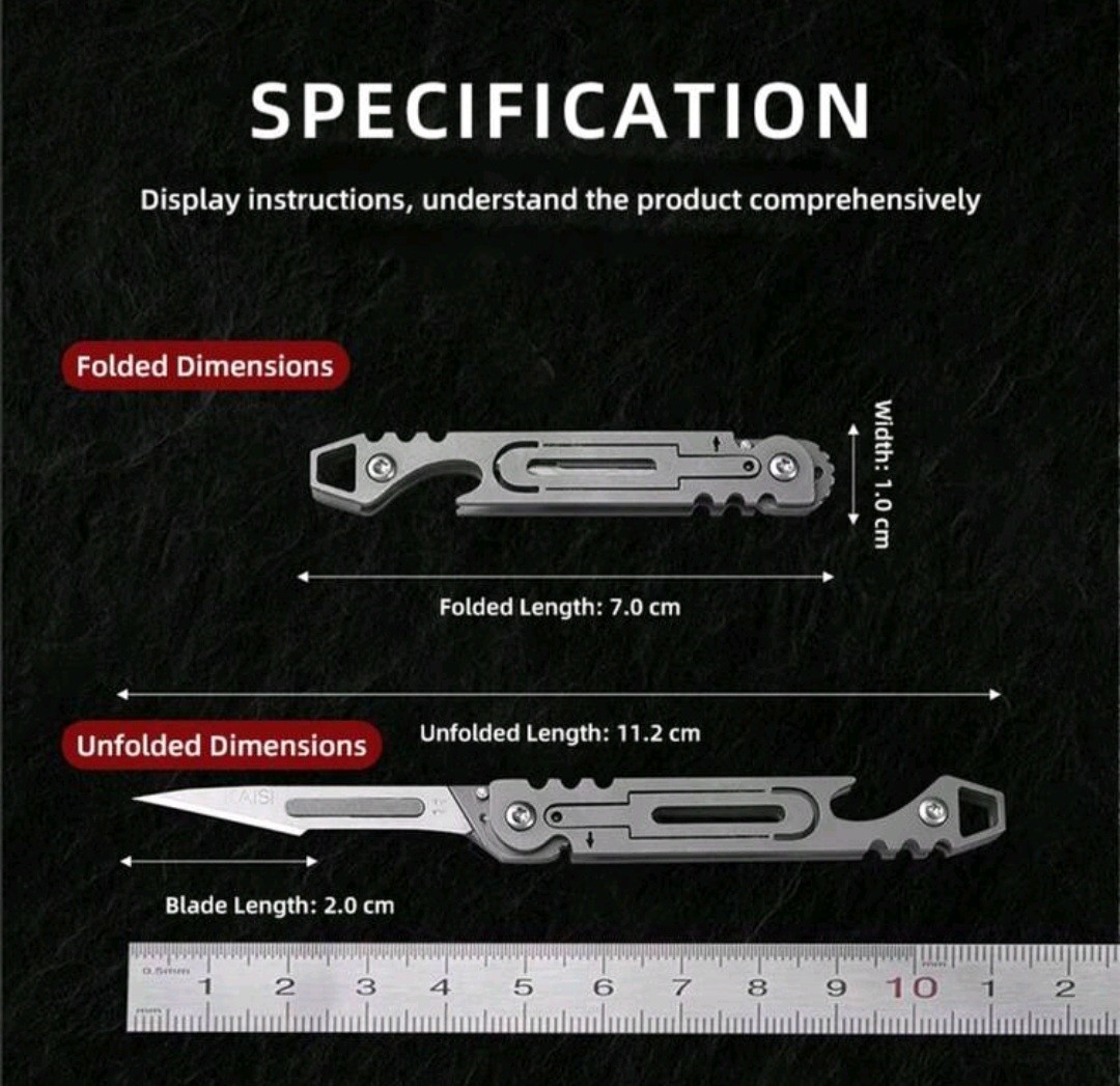 Stainless Steel Folding Keychain EDC Knife, Bottle Opener w/ replacement blades