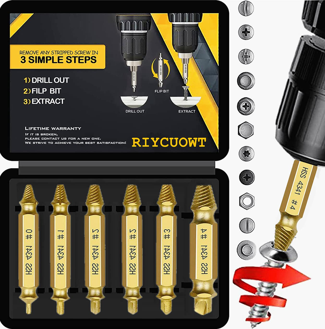 6Pcs Titanium Screw Extractor Set – Easy Remover for Stripped Screws & Bolts
