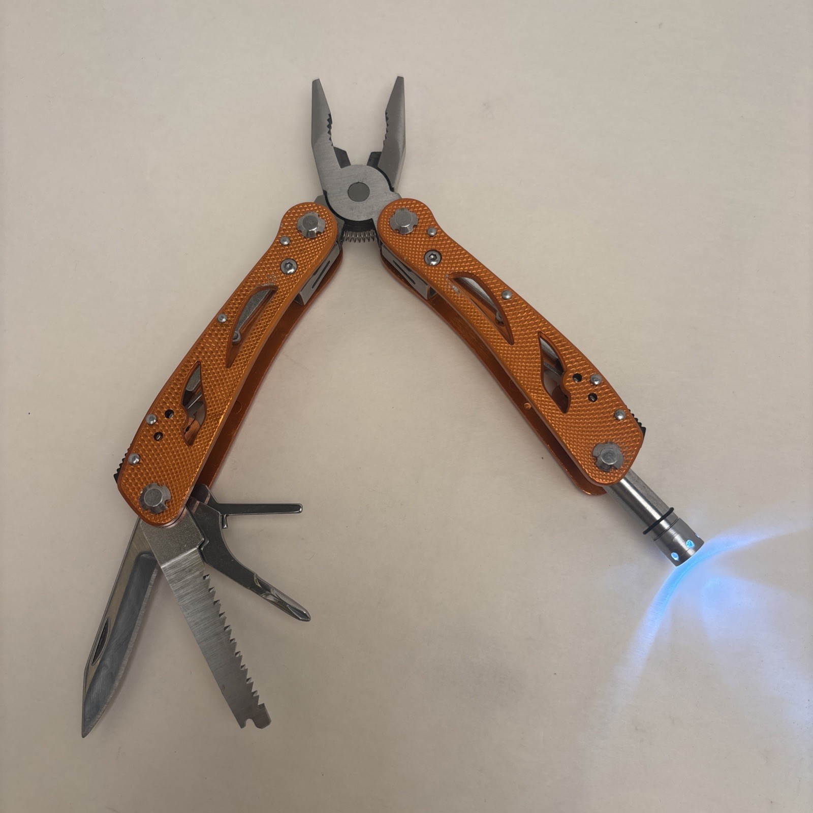 Orange Multi-Tool w/ Flash Light Camp Hunt Fish Survival Hike Stainless Boat