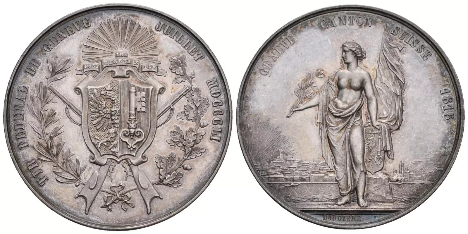 Switzerland Geneva 1851 Unc Shooting Some City View Medal Silver Swiss Unc Rare