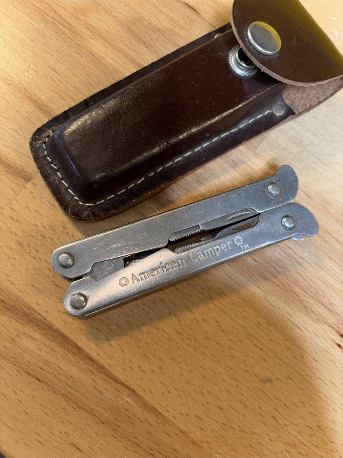 VTG American Camper Stainless Steel Multi Tool Foldable W Brown Belt Case Sheath